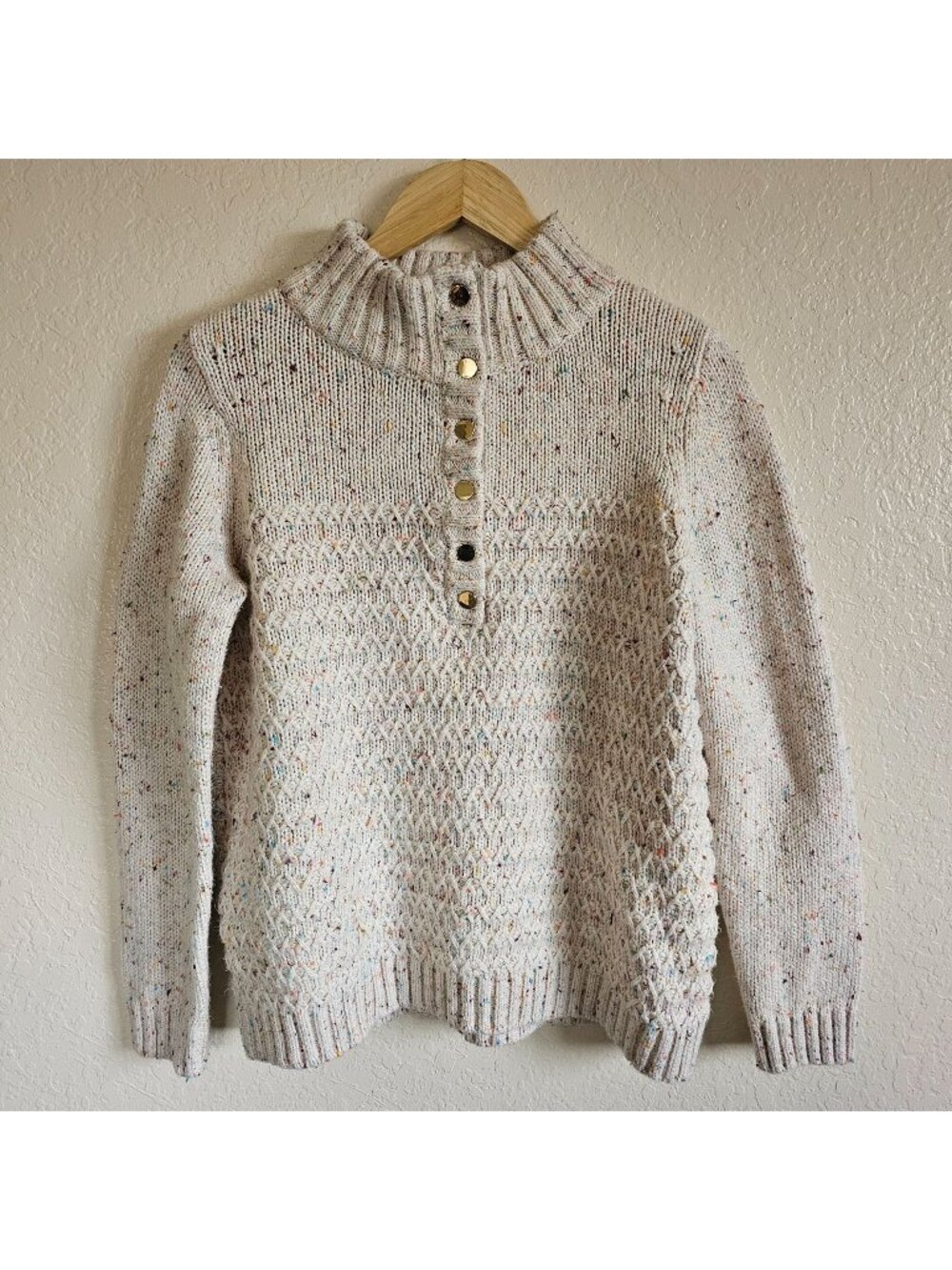 Talbots Womens M Long Sleeve Texture Tweed Snap Mockneck Sweater